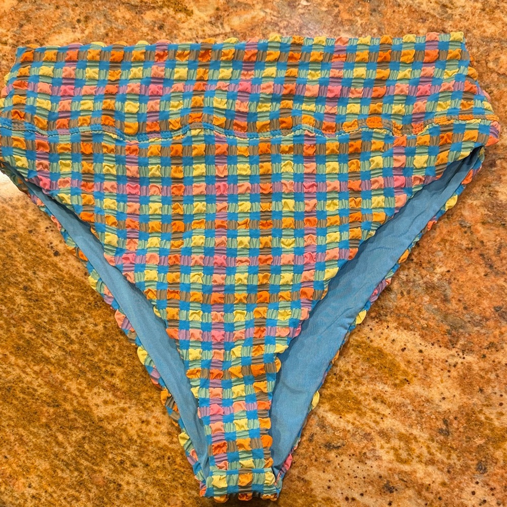 Beach Riot Highway Gingham Crinkle High Waist Swim Bottom